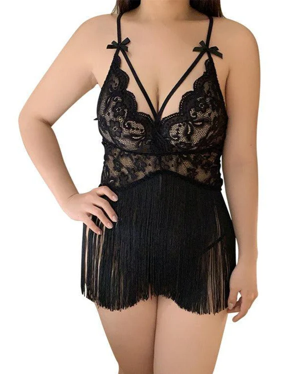 Sensual in Fringe Plus-Size Lace Backless Babydoll Lingerie - Image 5