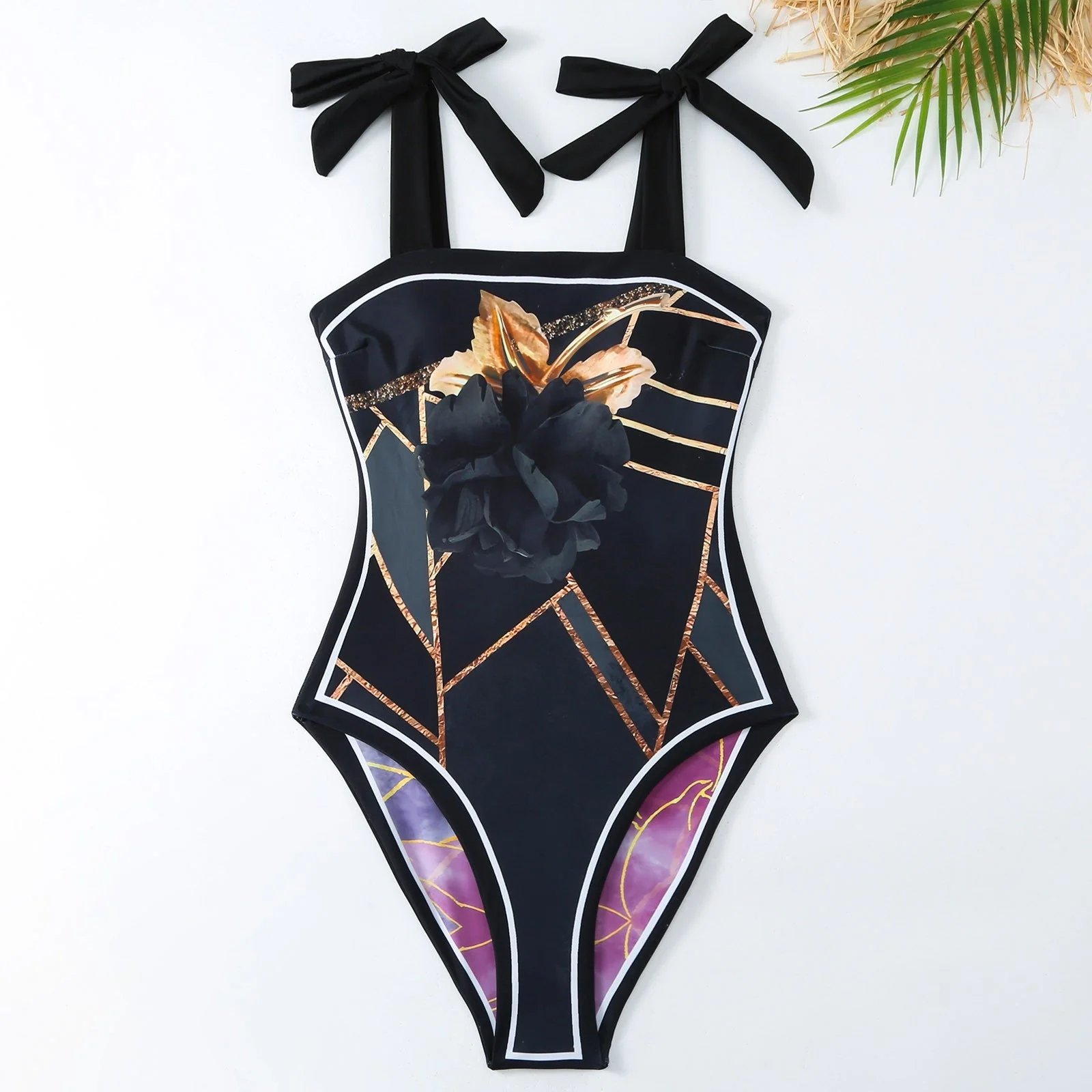 Reversible One Piece Black Tie Up Swimsuit With Wrap Around Tie Up Sarong Skirt By Sinderella - Image 3