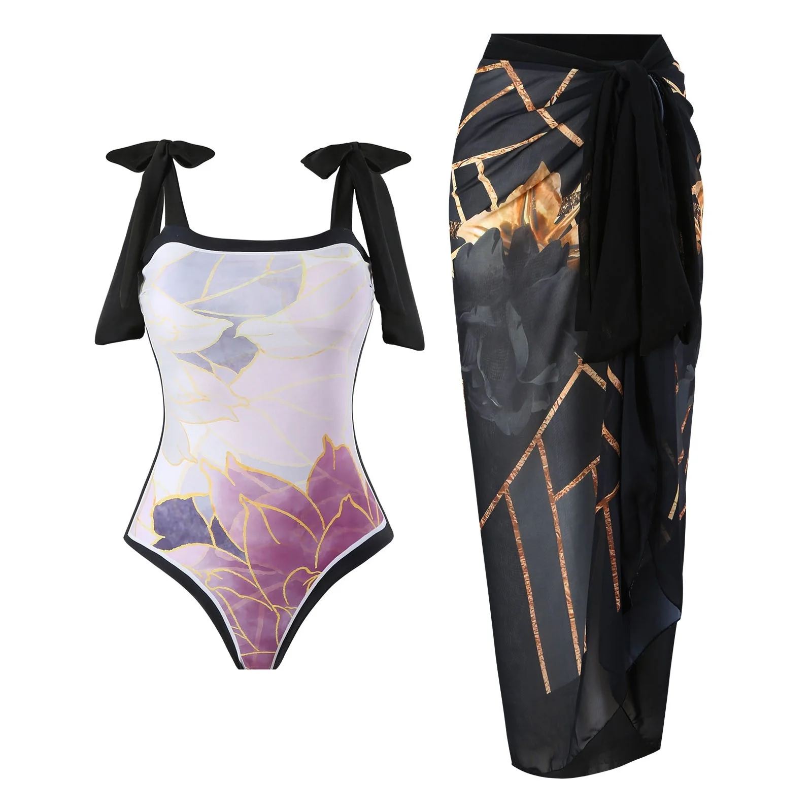 Reversible One Piece Black Tie Up Swimsuit With Wrap Around Tie Up Sarong Skirt By Sinderella - Image 4