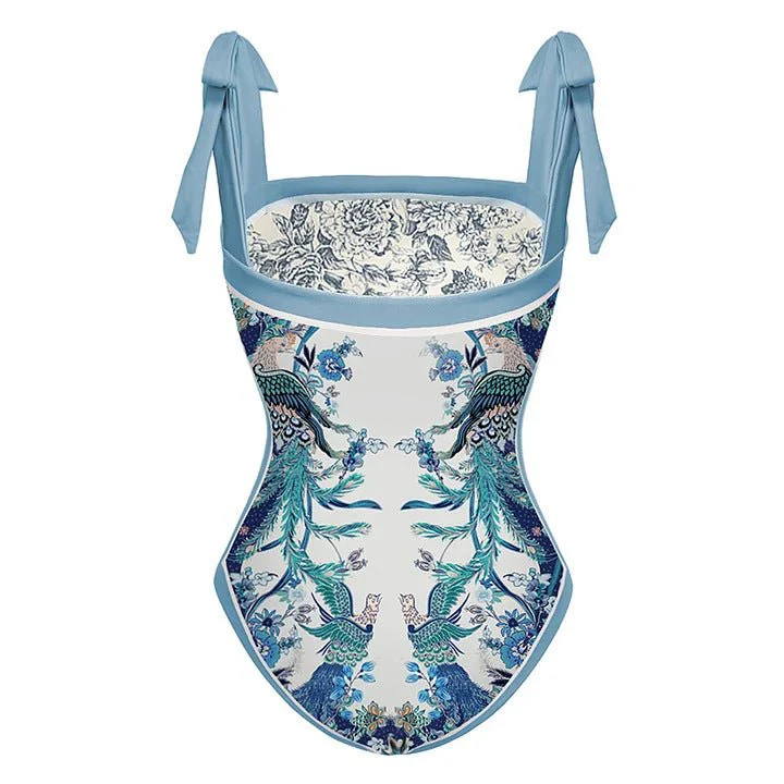 Reversible One Piece Blue Tie Up Swimsuit With Wrap Around Tie Up Short Sarong Skirt By Sinderella - Image 4