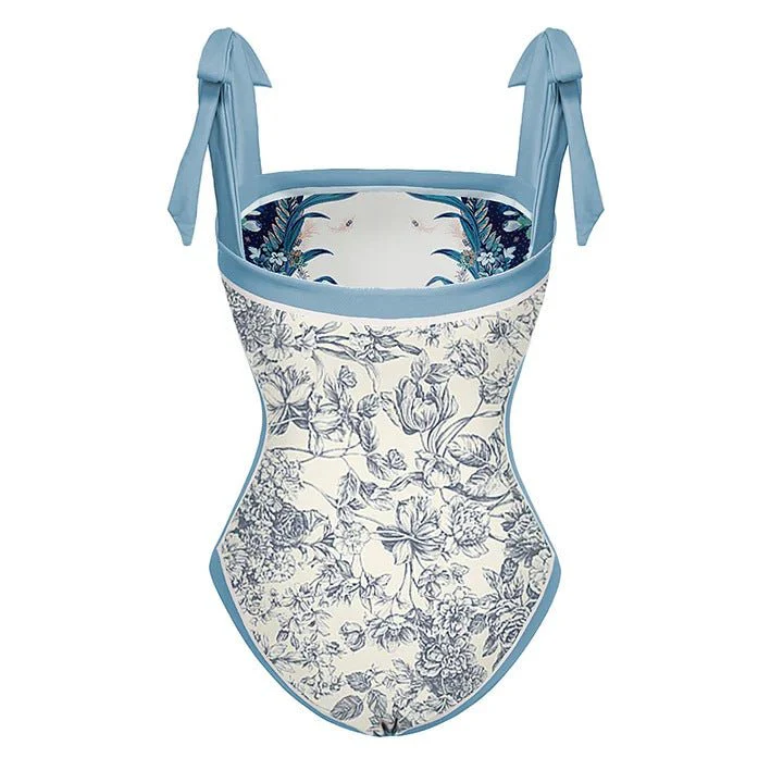 Reversible One Piece Blue Tie Up Swimsuit With Wrap Around Tie Up Short Sarong Skirt By Sinderella - Image 5