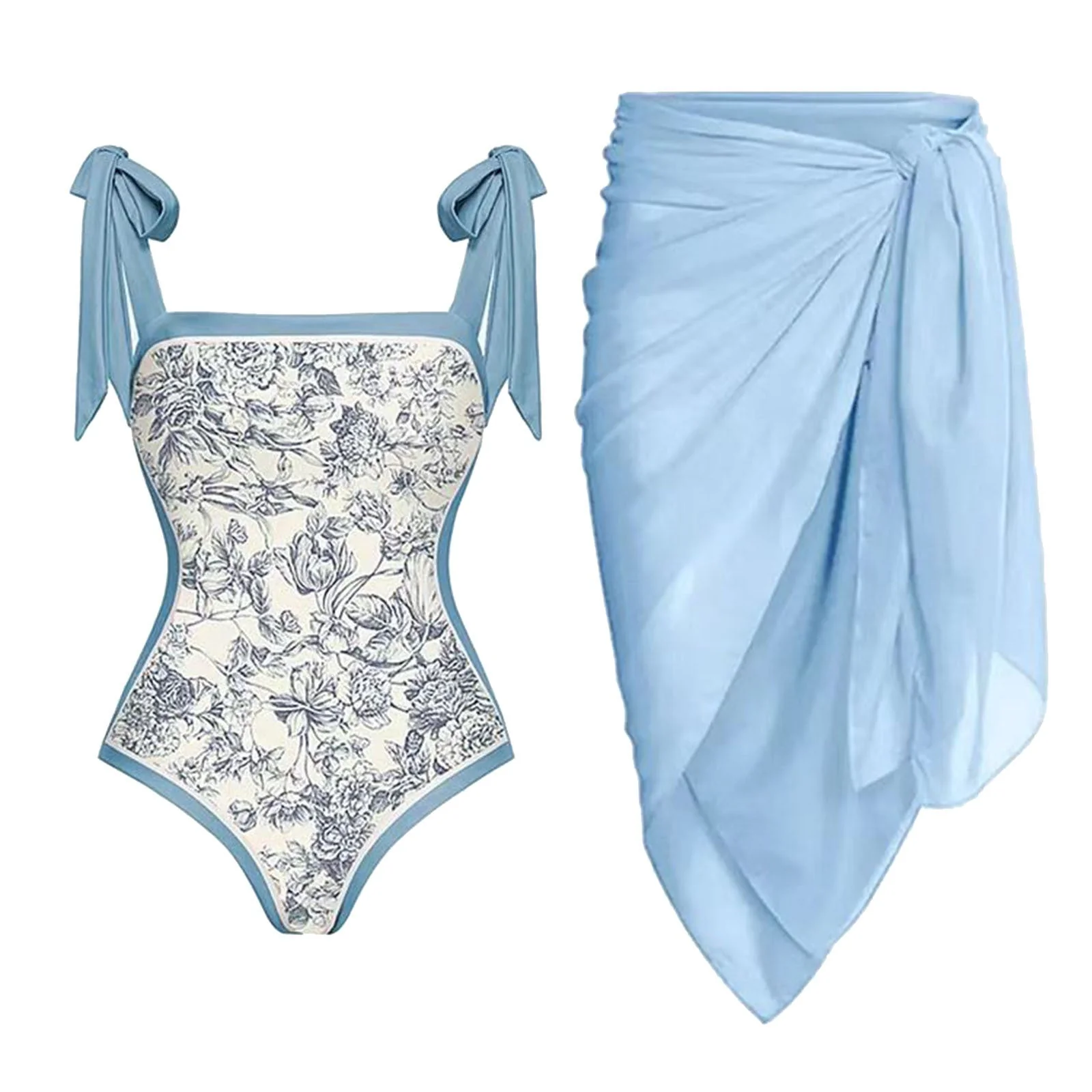 Reversible One Piece Blue Tie Up Swimsuit With Wrap Around Tie Up Short Sarong Skirt By Sinderella - Image 8